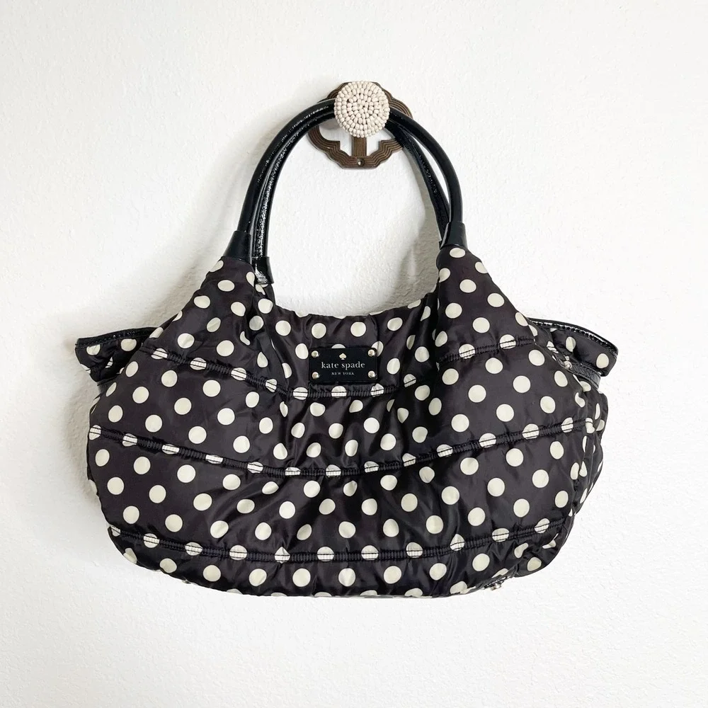 Kate Spade New York Black White Polka Dot Quilted Nylon Tote Shoulder Bag